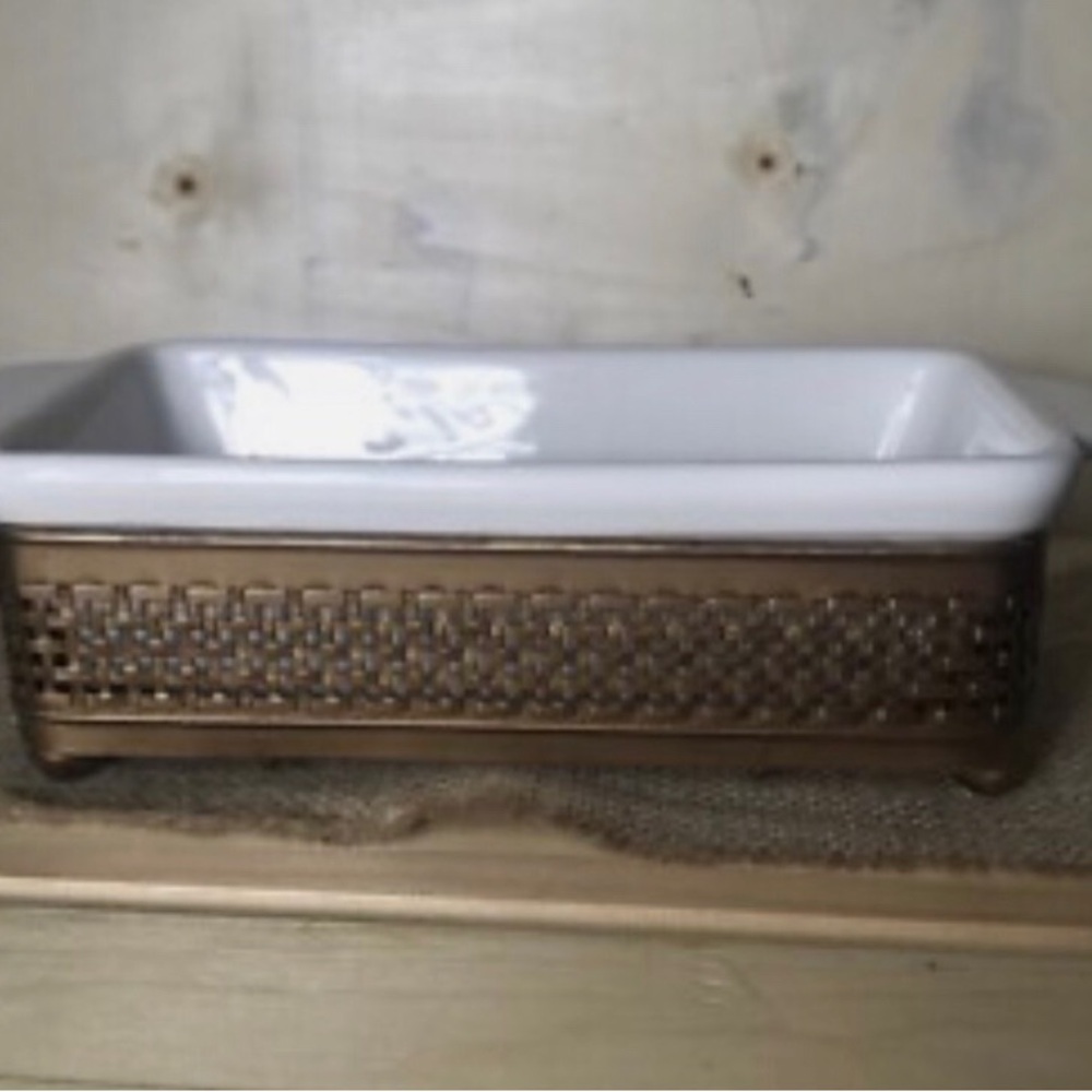 Avon Expressions Bakeware Dish Loaf/Pan Casserole & Bronze/Gold Footed Tray